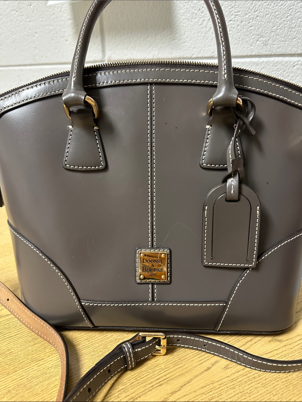 Dooney & Bourke Grey Patent Leather Dome Satchel Bag Contrast Stitch Gold